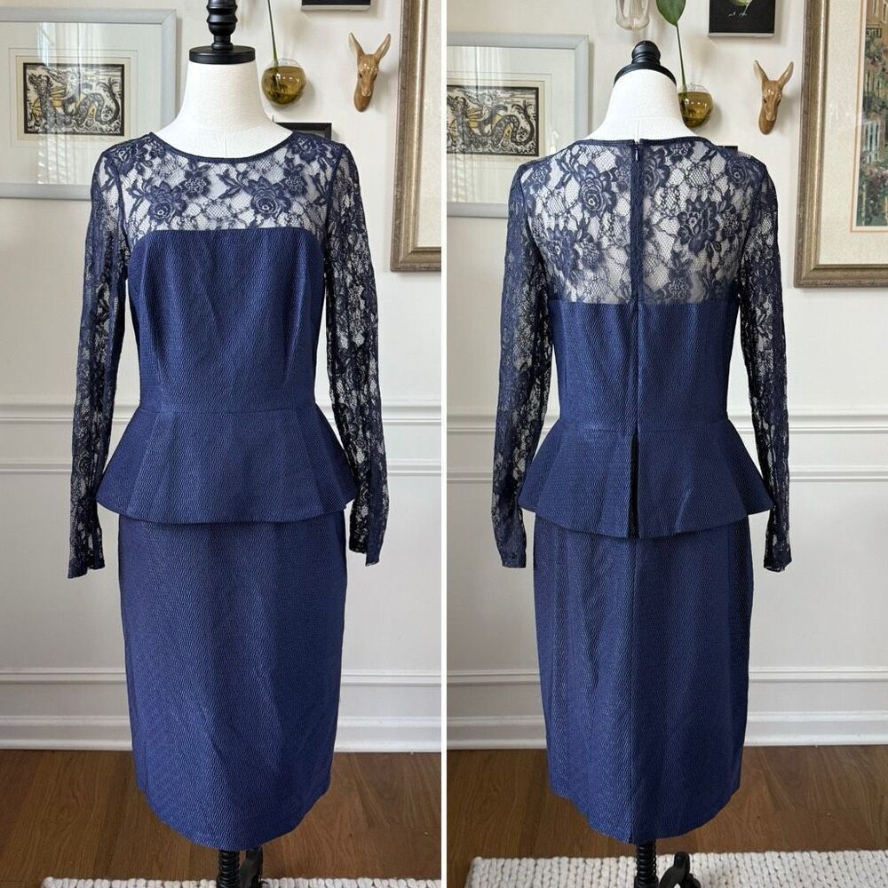 David Meister Navy Blue Lace Peplum Illusion Neck Sleeve Cocktail Dress $450 10